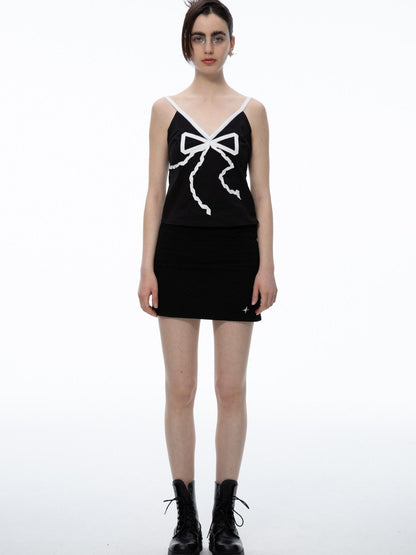 QUORRA S CHORD Black Bow Tie Ribbon V-neck Women&