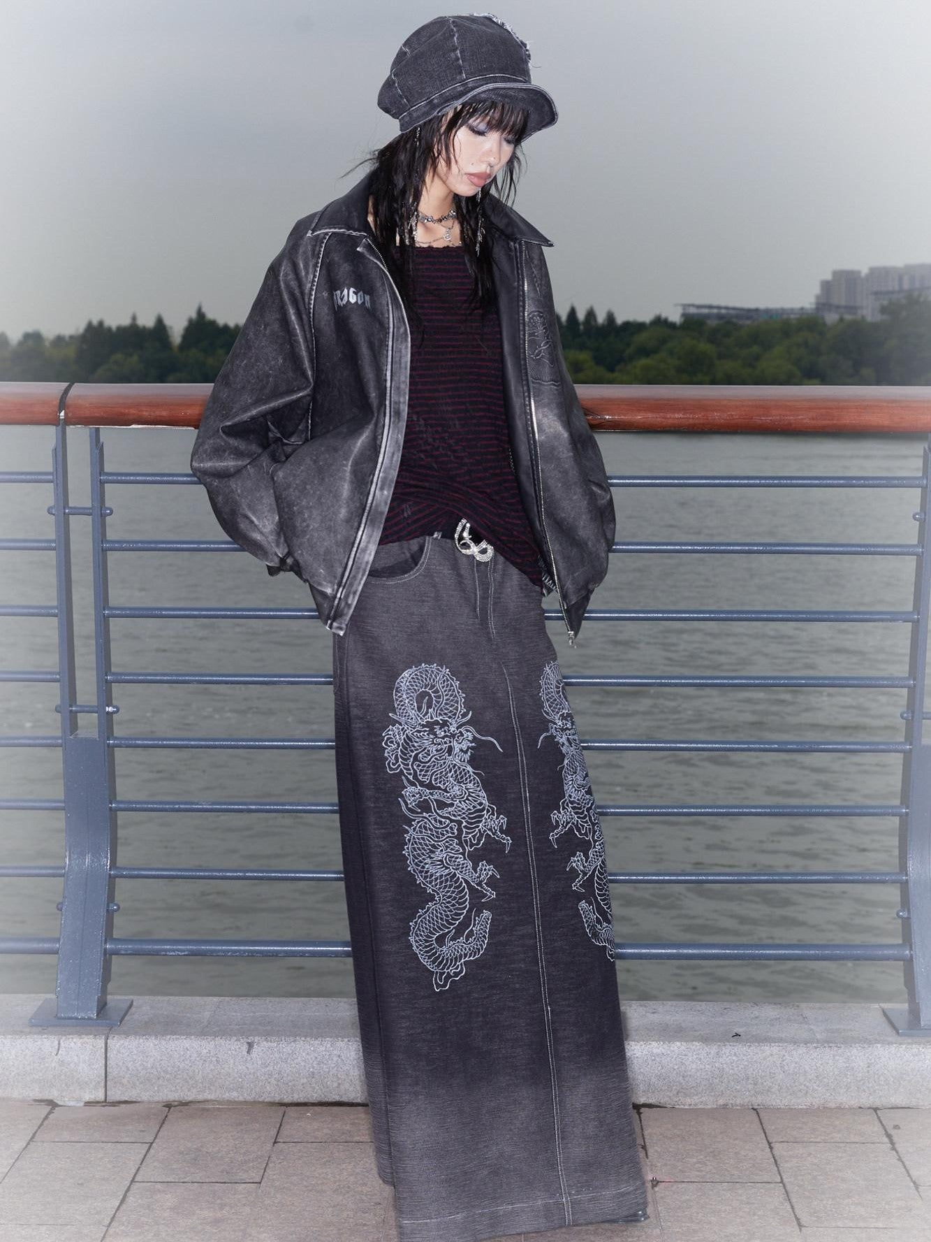 QUORRA S CHORD Black Dragon Patch Washed Punk Distressed Women&