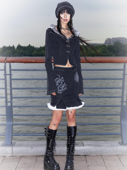 QUORRA S CHORD Black Dragon Patch Washed Punk Distressed Women&