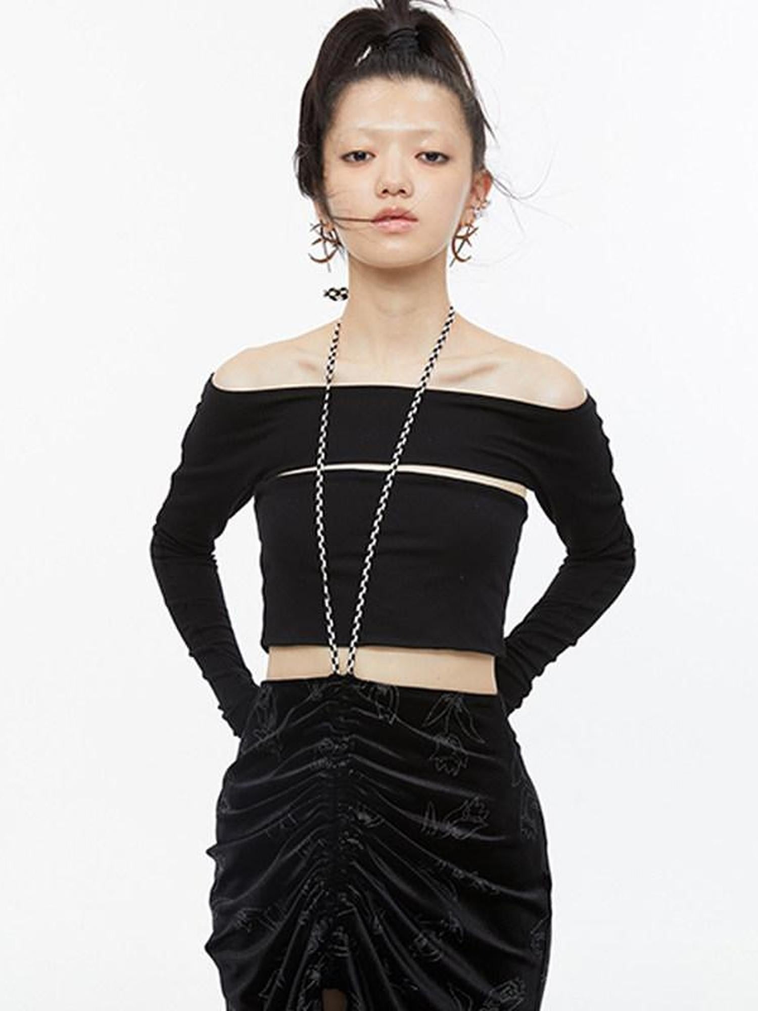 QUORRA S CHORD Black Faux Two Piece Layered Bardot Women&