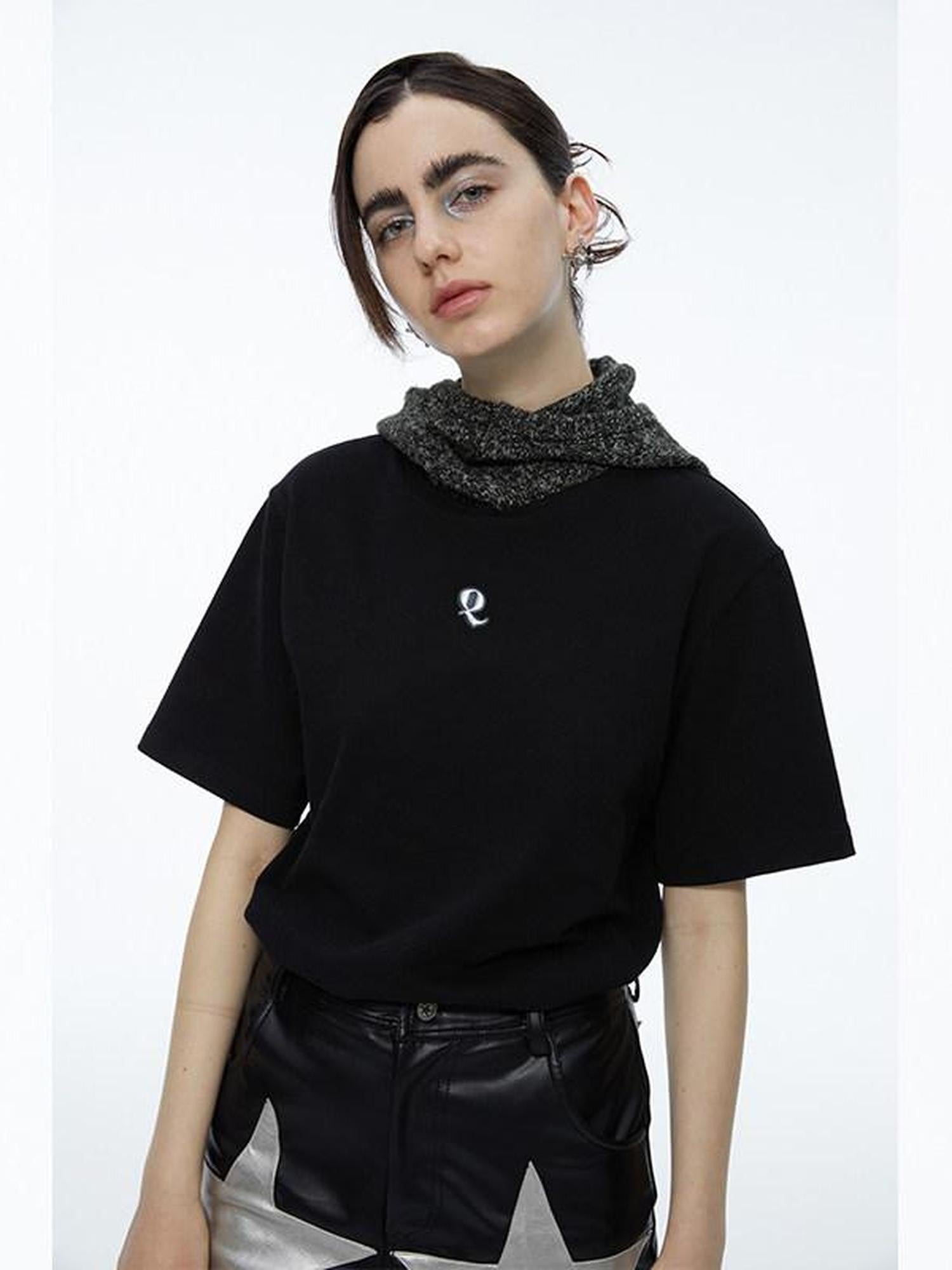 QUORRA S CHORD Black Patchwork Chunky Knit Hooded Logo Women&