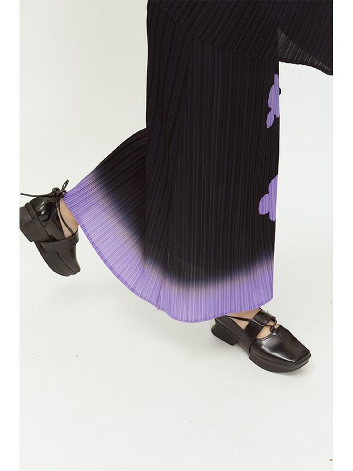 QUORRA S CHORD Black Purple Gradient Pleated A Line Plum Blossom Print Women&