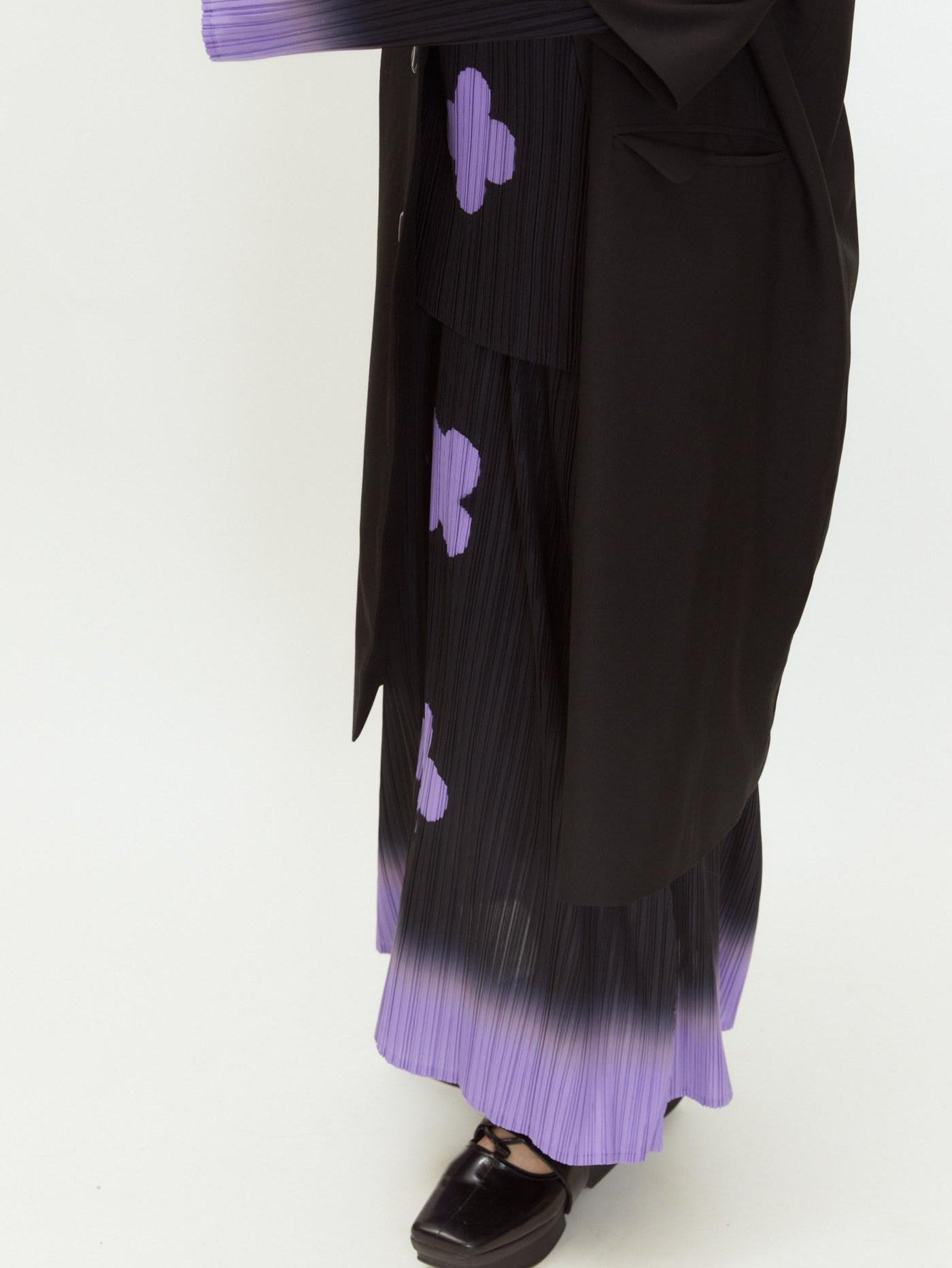QUORRA S CHORD Black Purple Gradient Pleated A Line Plum Blossom Print Women&
