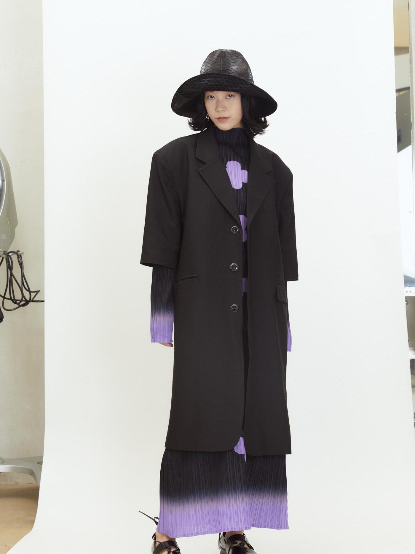 QUORRA S CHORD Black Purple Gradient Pleated A Line Plum Blossom Print Women&