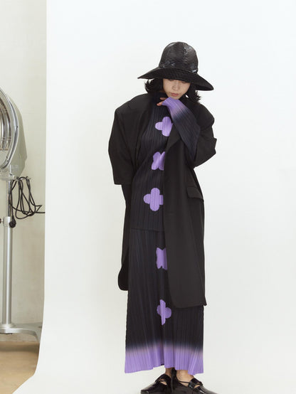 QUORRA S CHORD Black Purple Gradient Pleated A Line Plum Blossom Print Women&