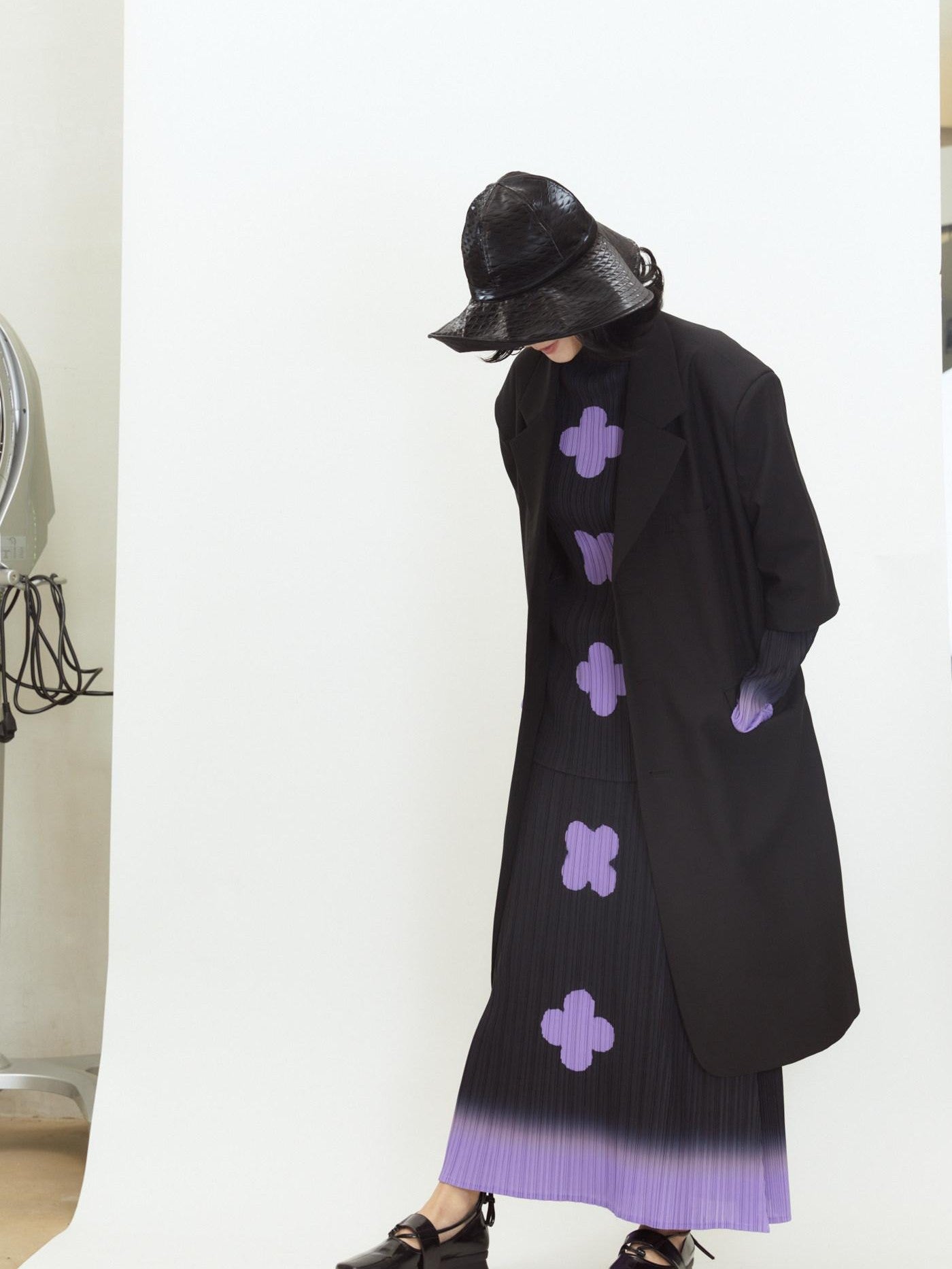 QUORRA S CHORD Black Purple Gradient Pleated A Line Plum Blossom Print Women&