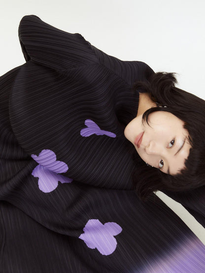 QUORRA S CHORD Black Purple Gradient Pleated A Line Plum Blossom Print Women&