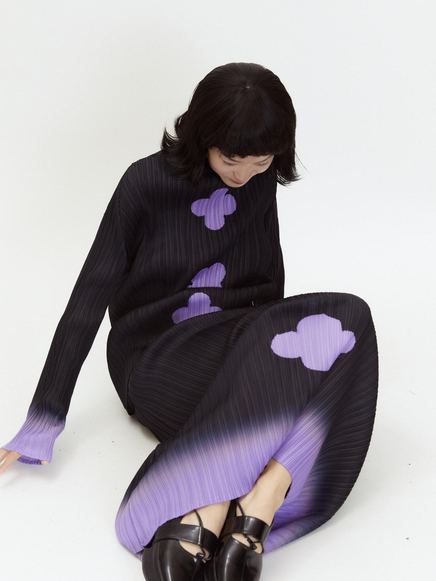 QUORRA S CHORD Black Purple Gradient Pleated A Line Plum Blossom Print Women&
