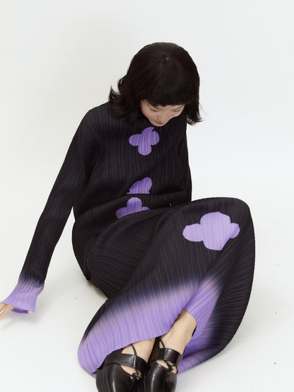 QUORRA S CHORD Black Purple Gradient Pleated A Line Plum Blossom Print Women&