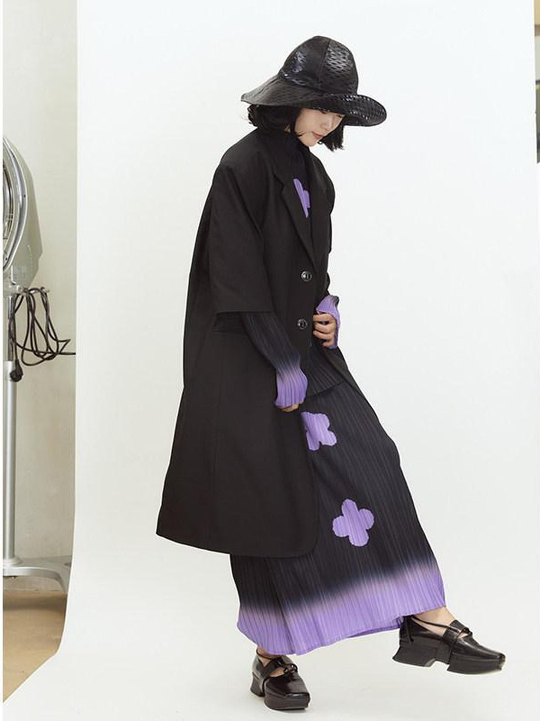 QUORRA S CHORD Black Purple Gradient Pleated A Line Plum Blossom Print Women&