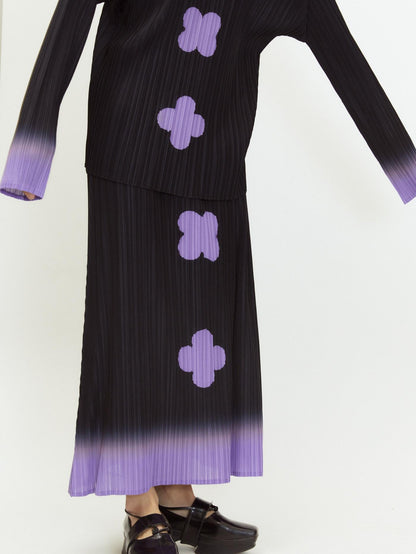 QUORRA S CHORD Black Purple Gradient Pleated A Line Plum Blossom Print Women&