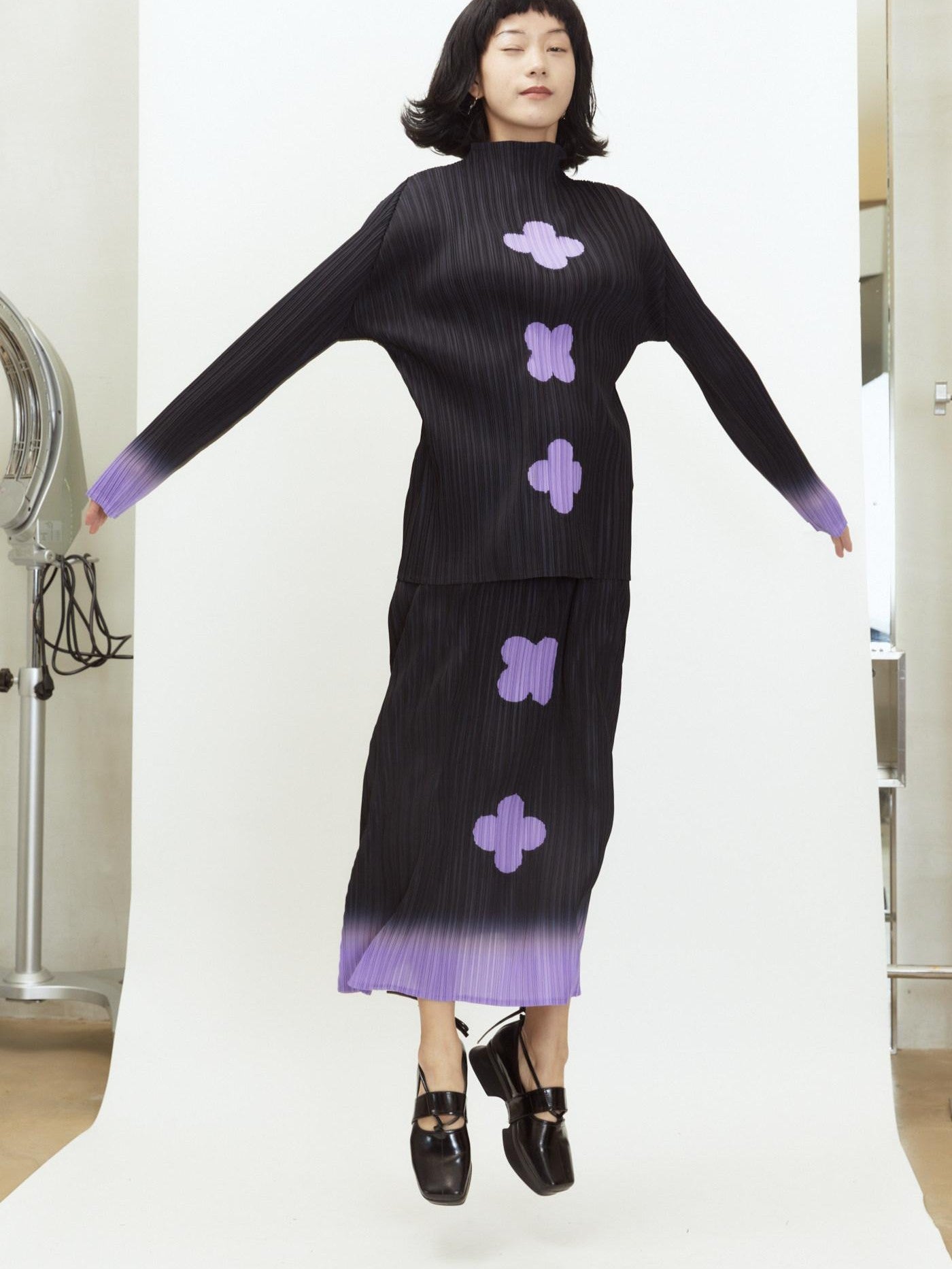 QUORRA S CHORD Black Purple Gradient Pleated A Line Plum Blossom Print Women&