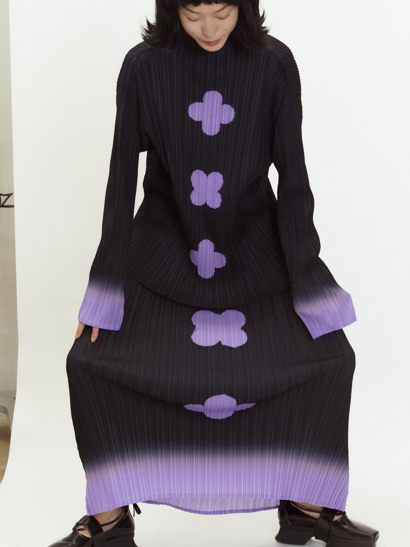 QUORRA S CHORD Black Purple Gradient Pleated A Line Plum Blossom Print Women&
