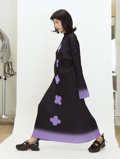 QUORRA S CHORD Black Purple Gradient Pleated A Line Plum Blossom Print Women&