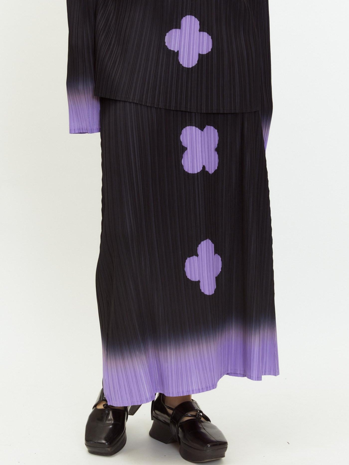 QUORRA S CHORD Black Purple Gradient Pleated A Line Plum Blossom Print Women&