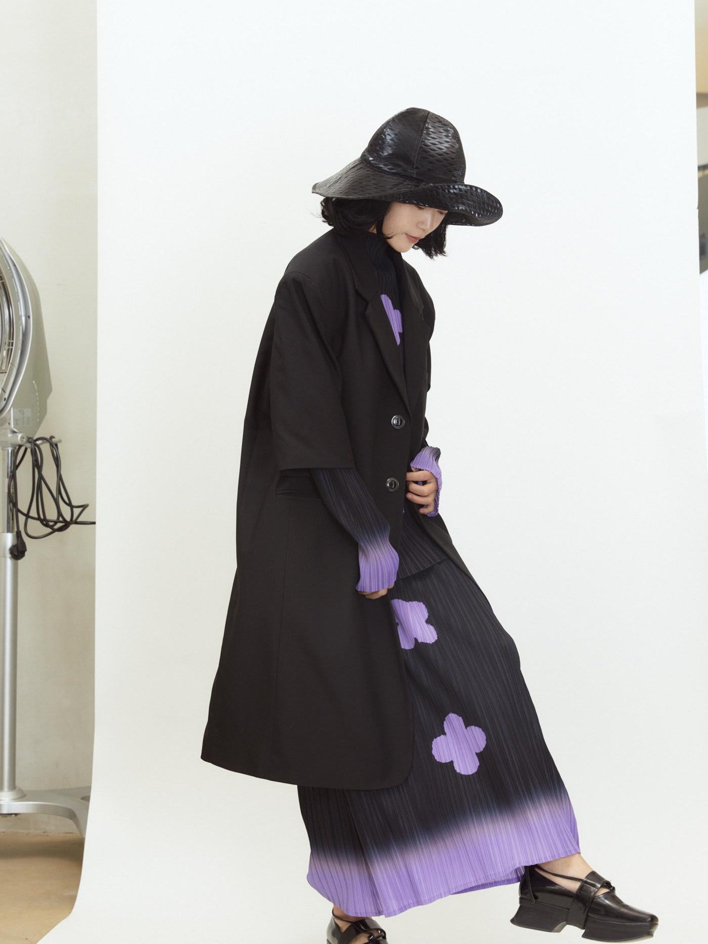 QUORRA S CHORD Black Purple Gradient Pleated A Line Plum Blossom Print Women&