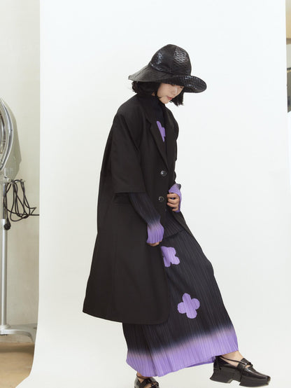 QUORRA S CHORD Black Purple Gradient Pleated A Line Plum Blossom Print Women&