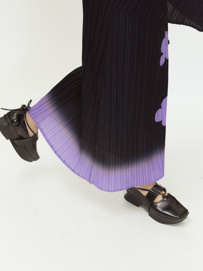 QUORRA S CHORD Black Purple Gradient Pleated A Line Plum Blossom Print Women&