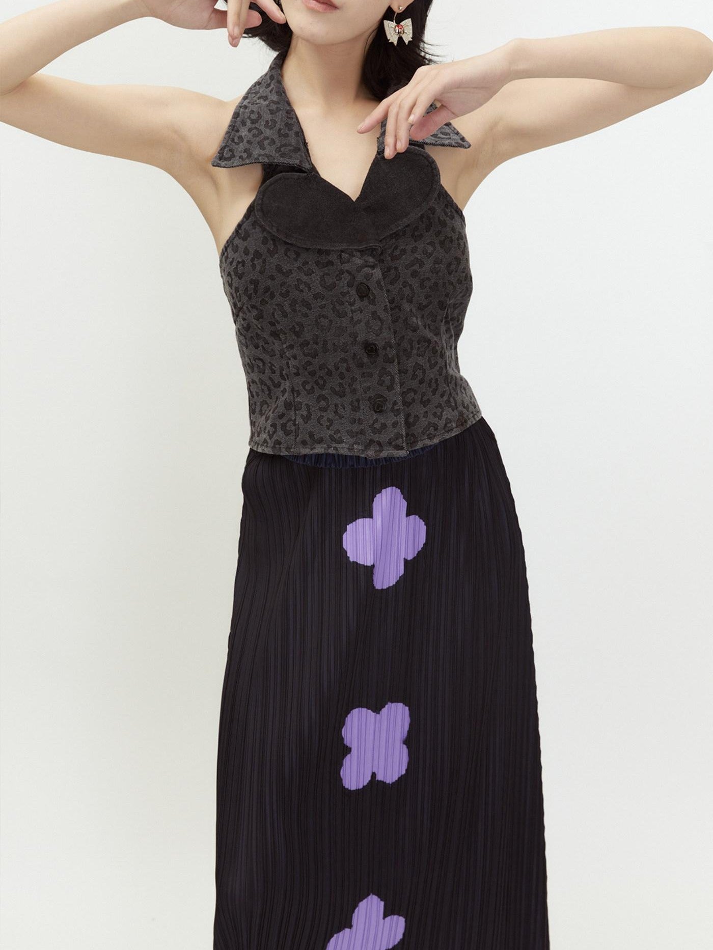 QUORRA S CHORD Black Purple Gradient Pleated A Line Plum Blossom Print Women&