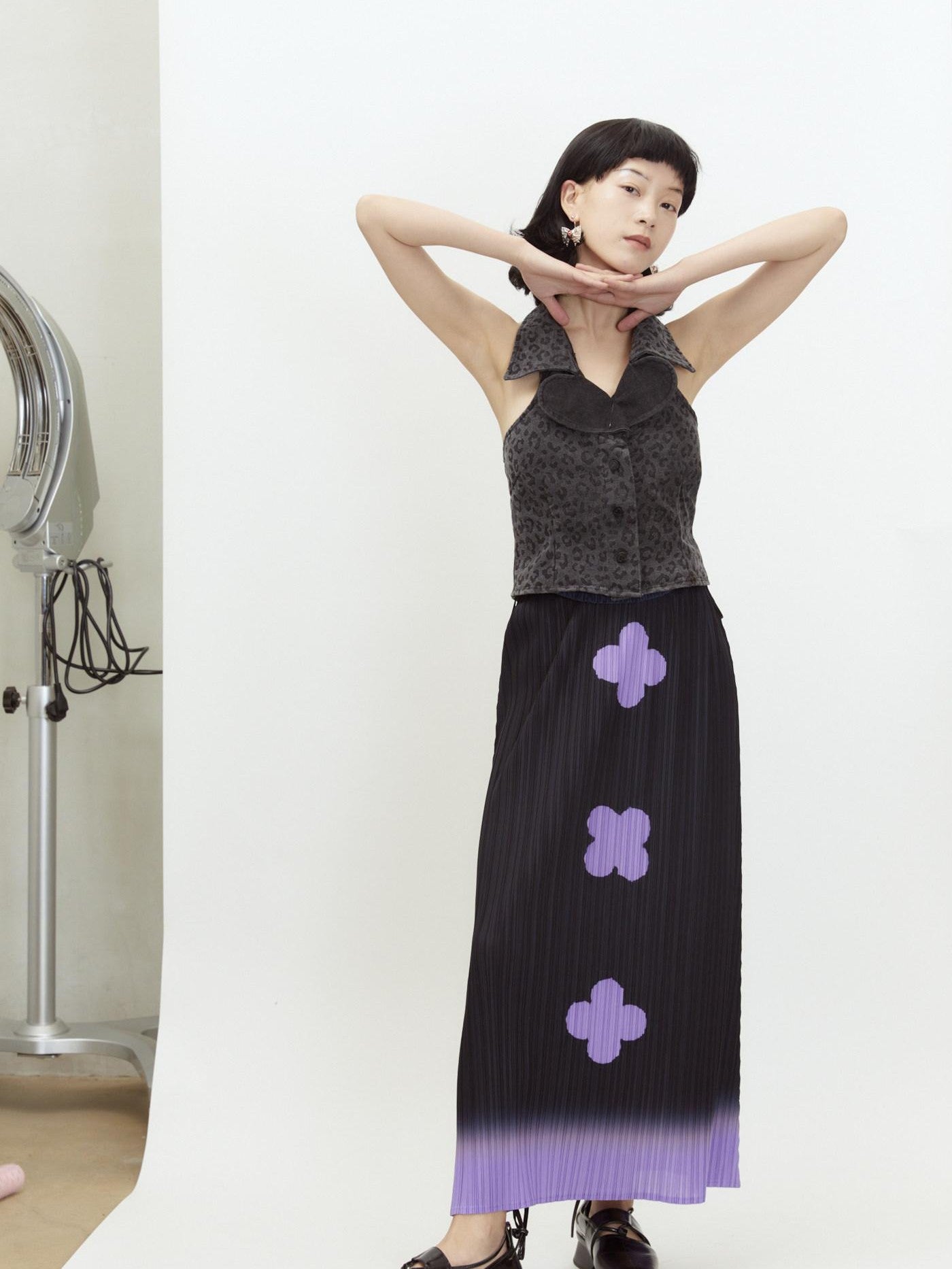 QUORRA S CHORD Black Purple Gradient Pleated A Line Plum Blossom Print Women&