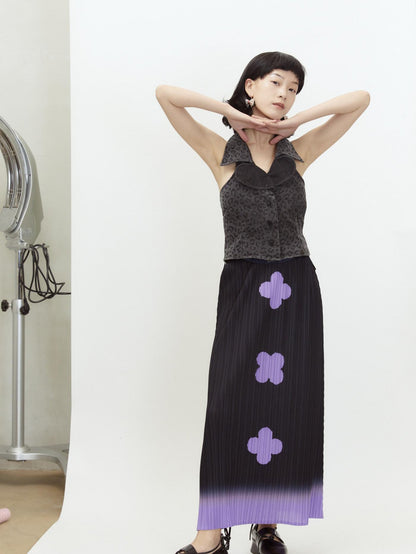 QUORRA S CHORD Black Purple Gradient Pleated A Line Plum Blossom Print Women&