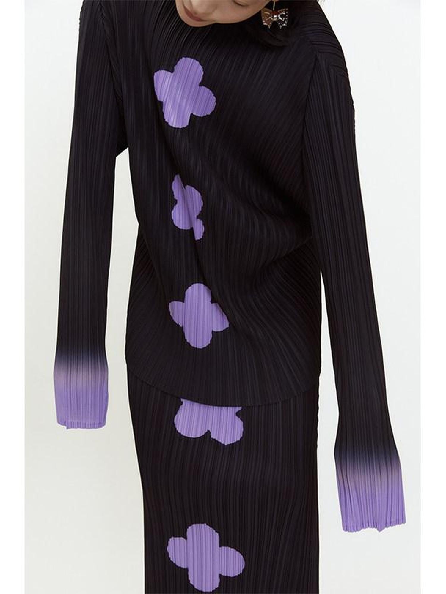 QUORRA S CHORD Black Purple Gradient Ruched Plum Blossom Print Women&