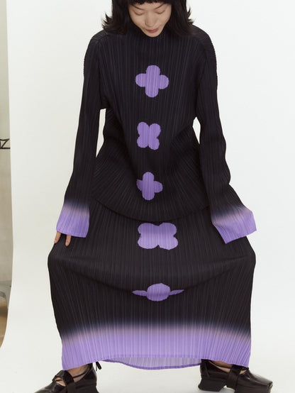 QUORRA S CHORD Black Purple Gradient Ruched Plum Blossom Print Women&