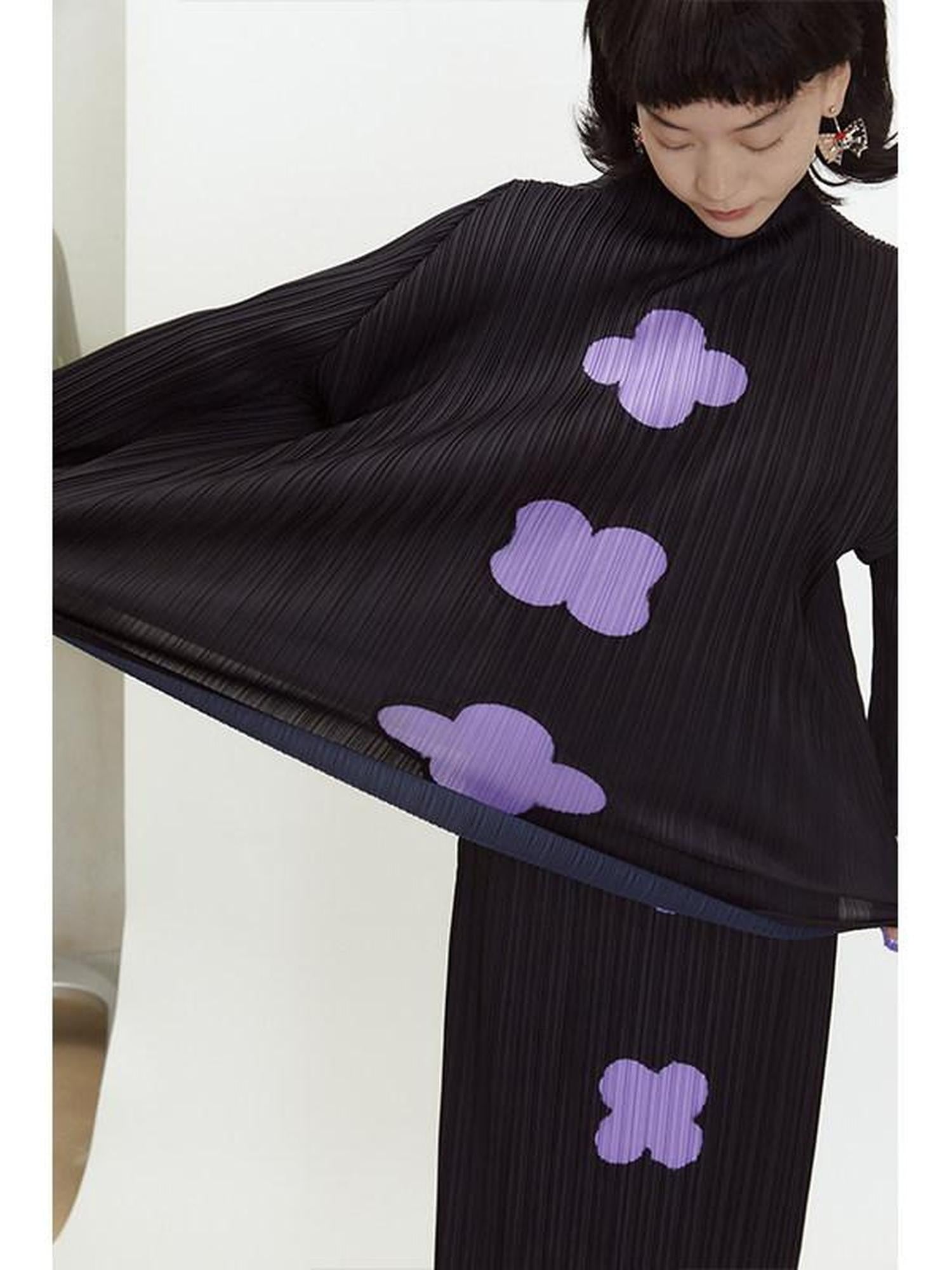 QUORRA S CHORD Black Purple Gradient Ruched Plum Blossom Print Women&