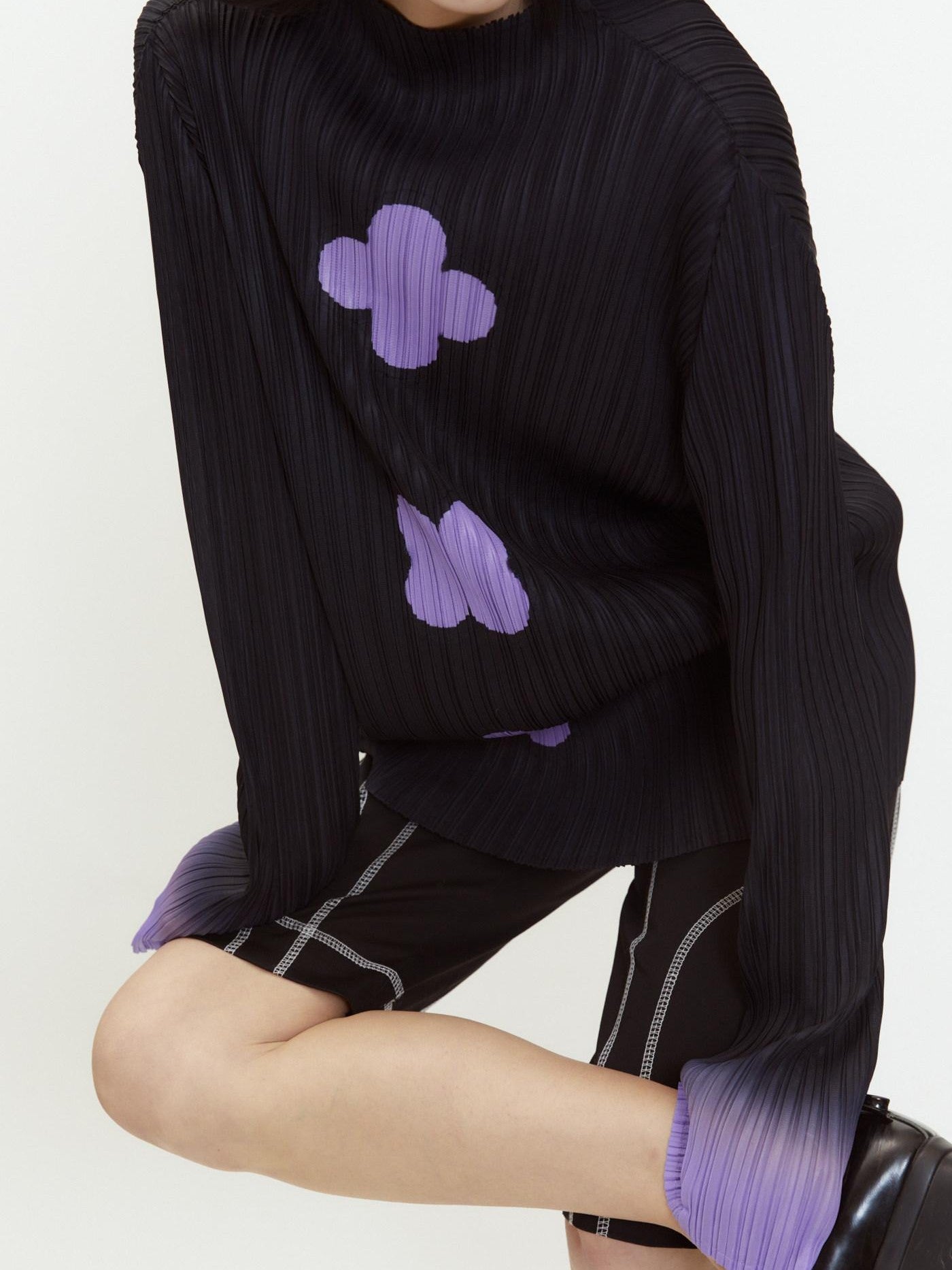 QUORRA S CHORD Black Purple Gradient Ruched Plum Blossom Print Women&