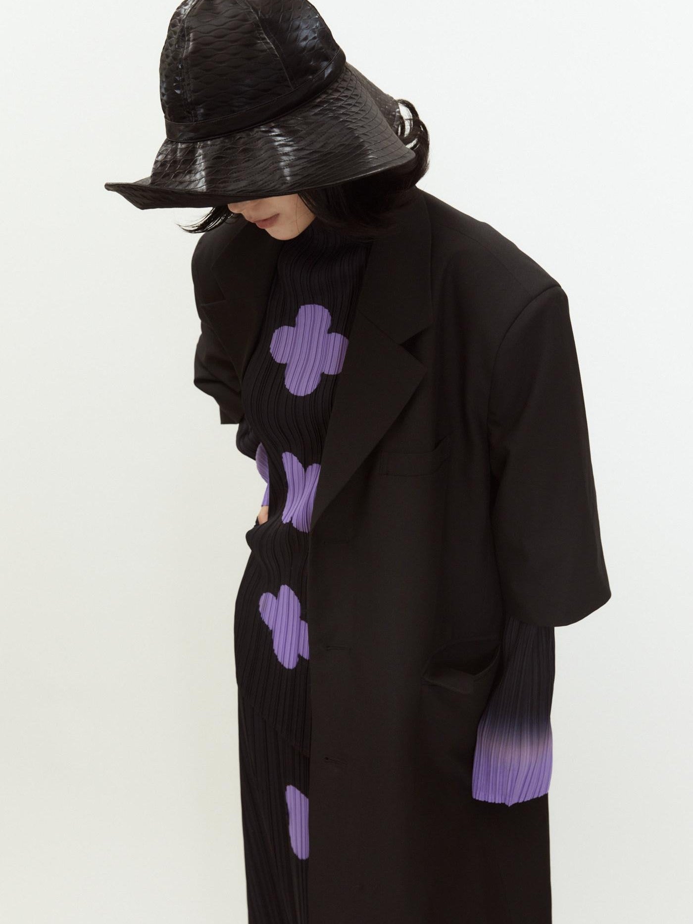 QUORRA S CHORD Black Purple Gradient Ruched Plum Blossom Print Women&