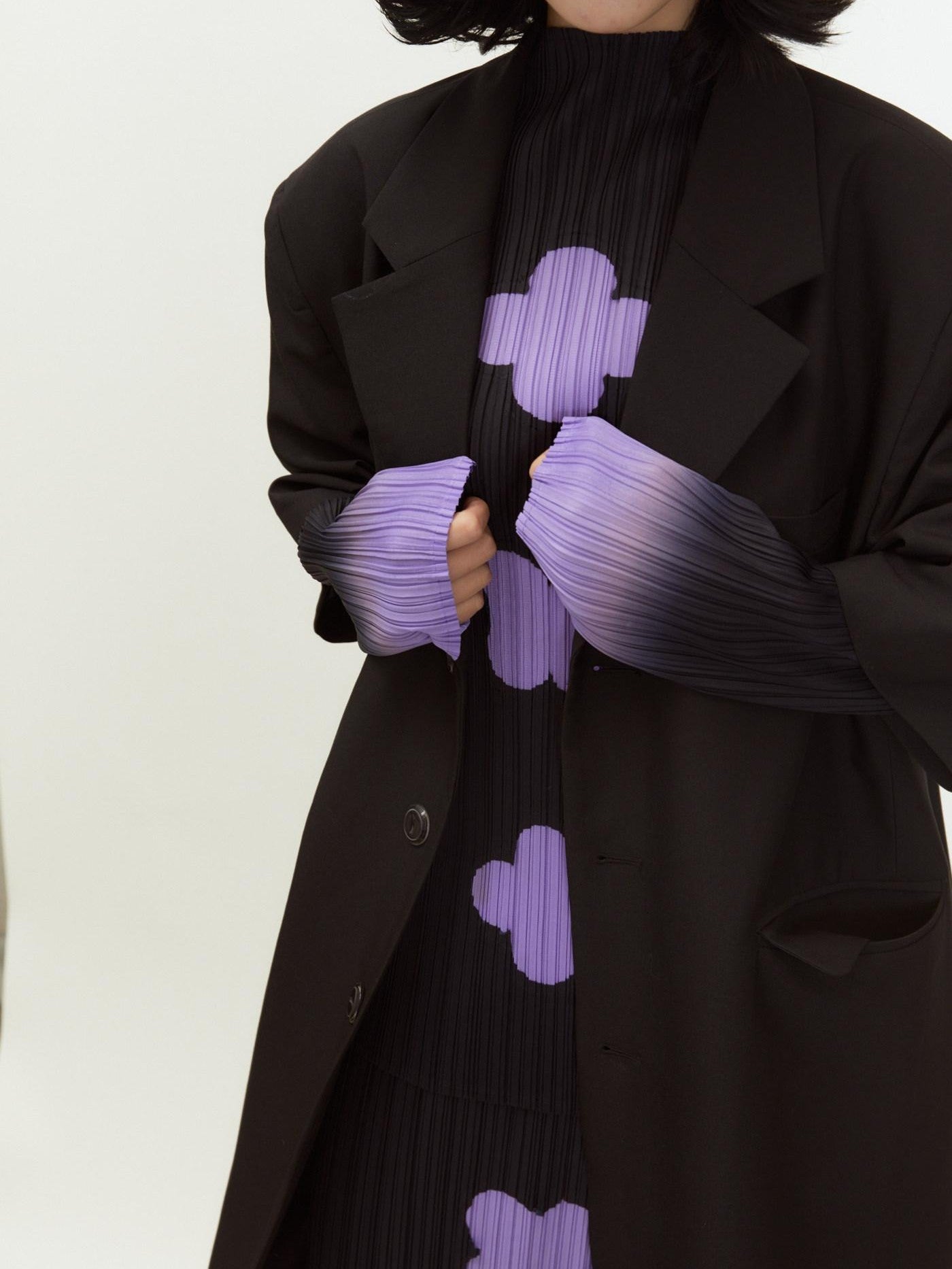 QUORRA S CHORD Black Purple Gradient Ruched Plum Blossom Print Women&