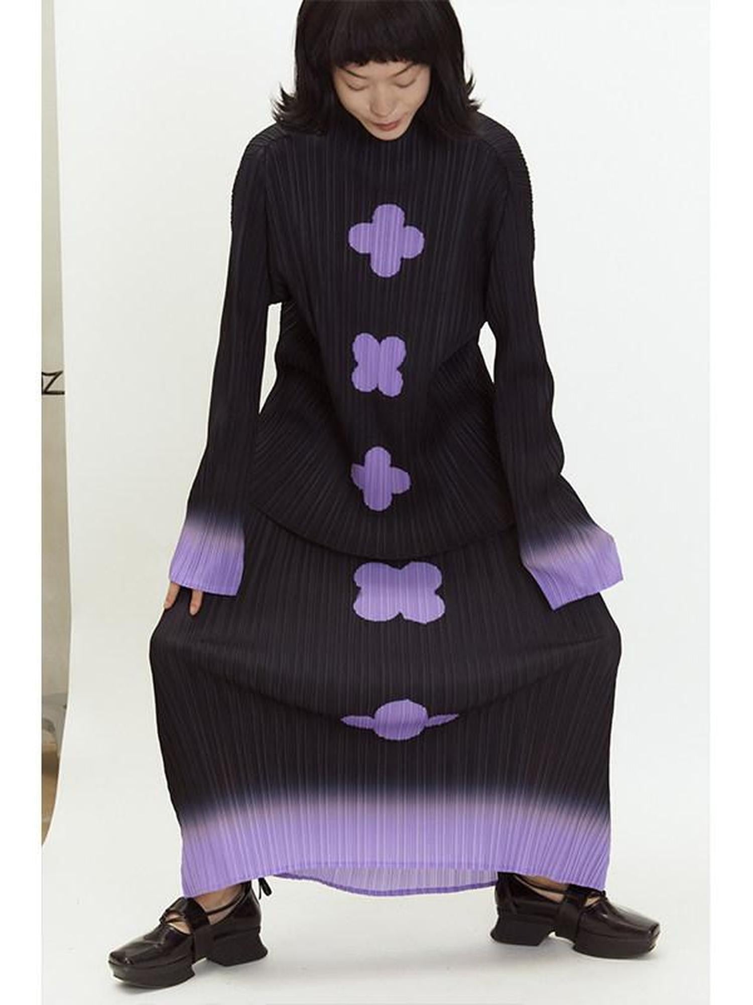 QUORRA S CHORD Black Purple Gradient Ruched Plum Blossom Print Women&