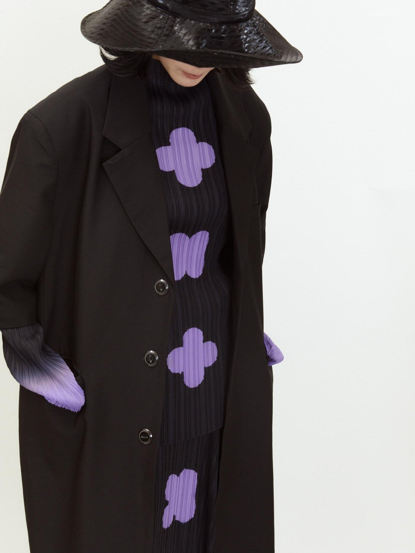 QUORRA S CHORD Black Purple Gradient Ruched Plum Blossom Print Women&