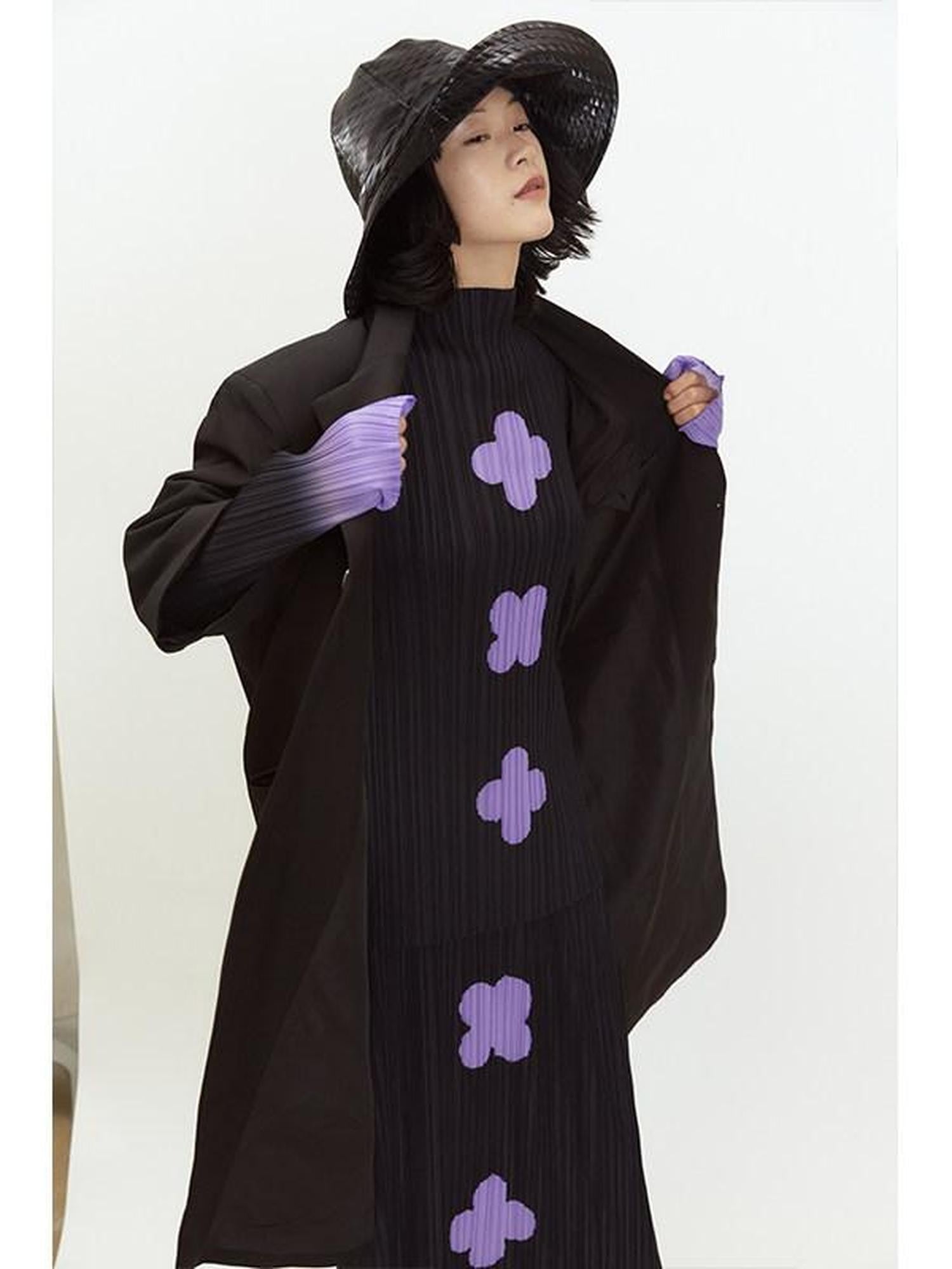QUORRA S CHORD Black Purple Gradient Ruched Plum Blossom Print Women&
