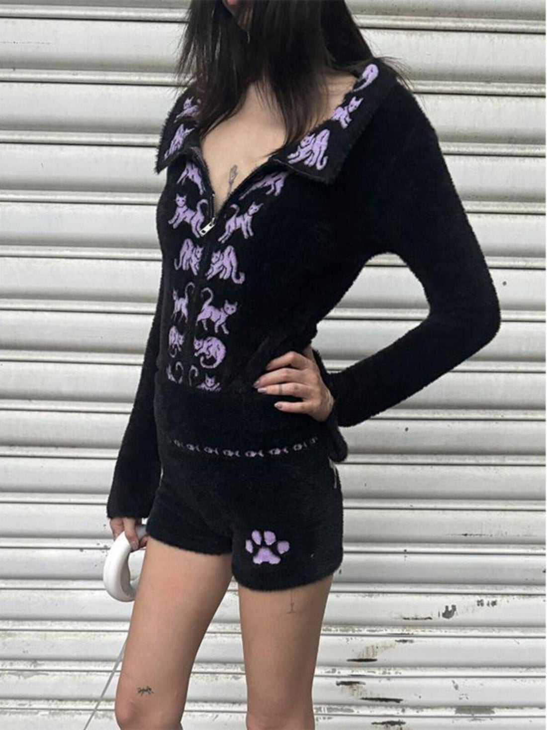 QUORRA S CHORD Black Purple Jacquard Cat Motif Large Lapel Women&