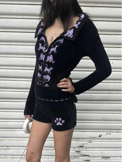 QUORRA S CHORD Black Purple Jacquard Cat Motif Large Lapel Women&