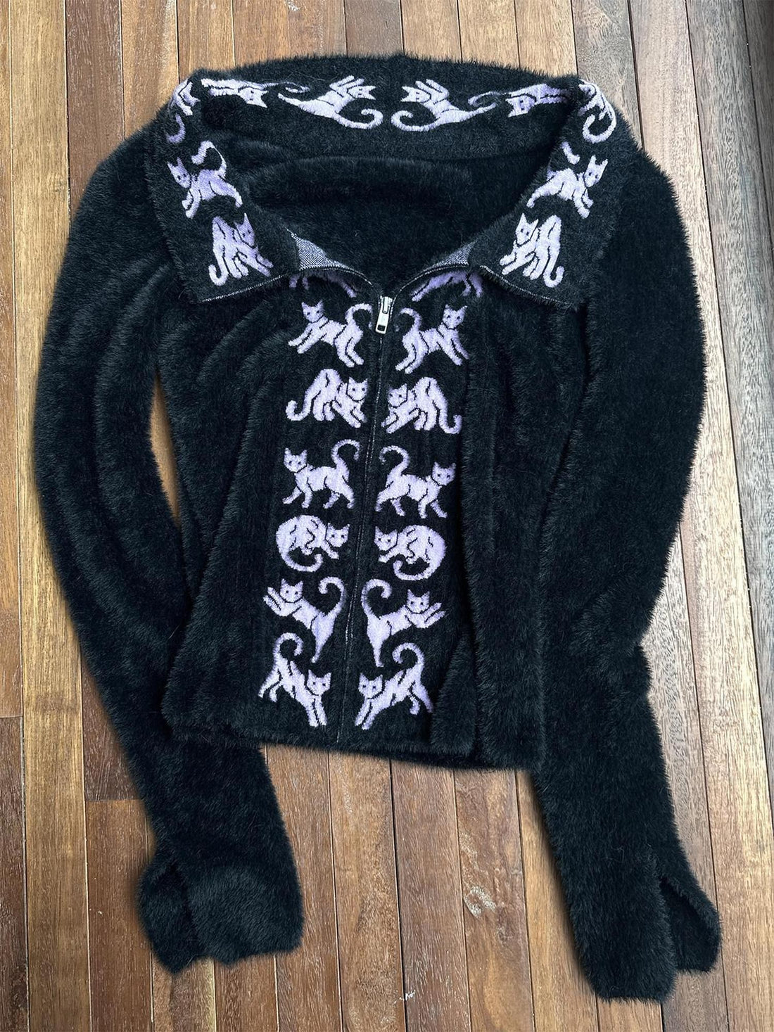 QUORRA S CHORD Black Purple Jacquard Cat Motif Large Lapel Women&