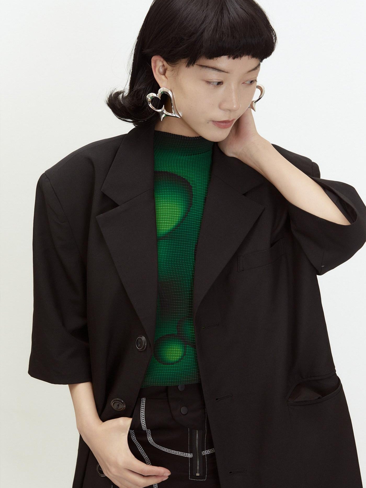 QUORRA S CHORD Black Shoulder Pad Short Sleeve Oversized Casual Women&