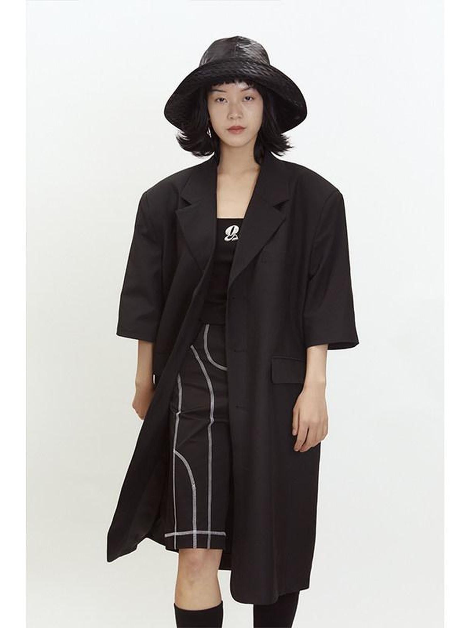 QUORRA S CHORD Black Shoulder Pad Short Sleeve Oversized Casual Women&