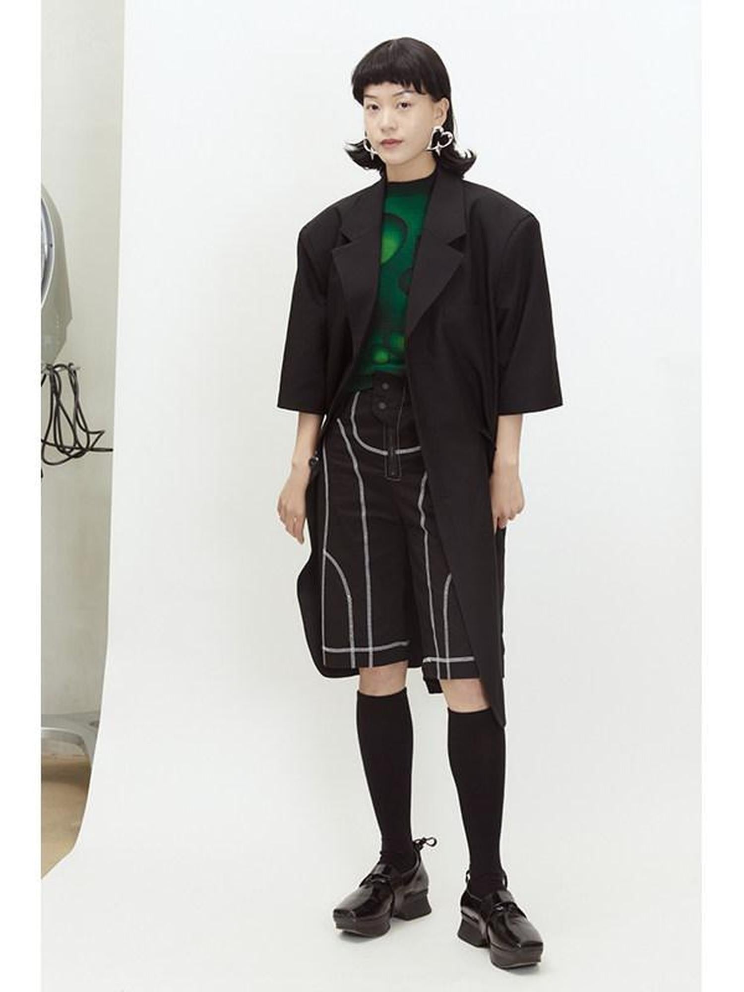 QUORRA S CHORD Black Shoulder Pad Short Sleeve Oversized Casual Women&