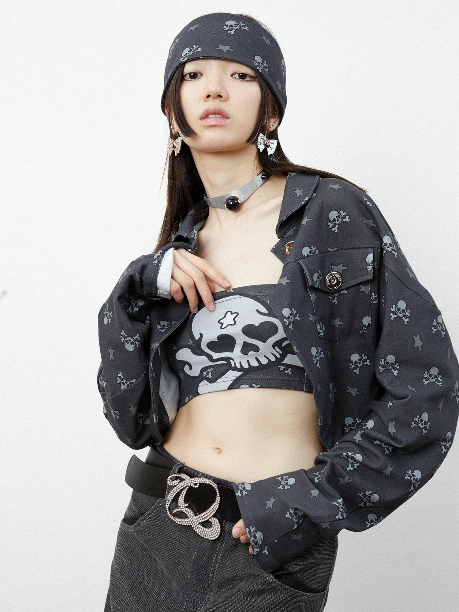 QUORRA S CHORD Black Skull Star Print Gothic Punk Loose Women&
