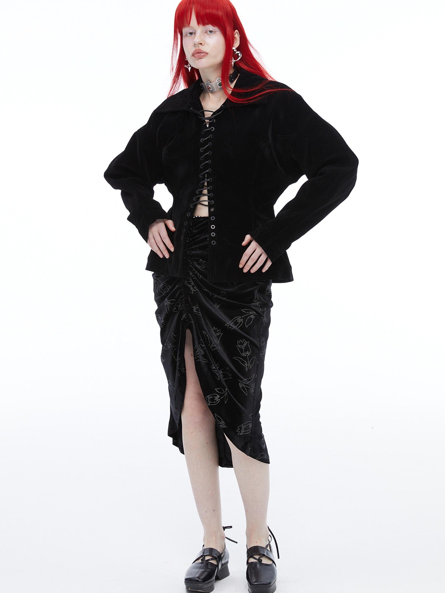 QUORRA S CHORD Black Velvet Drawstring Waist Cinch Women&