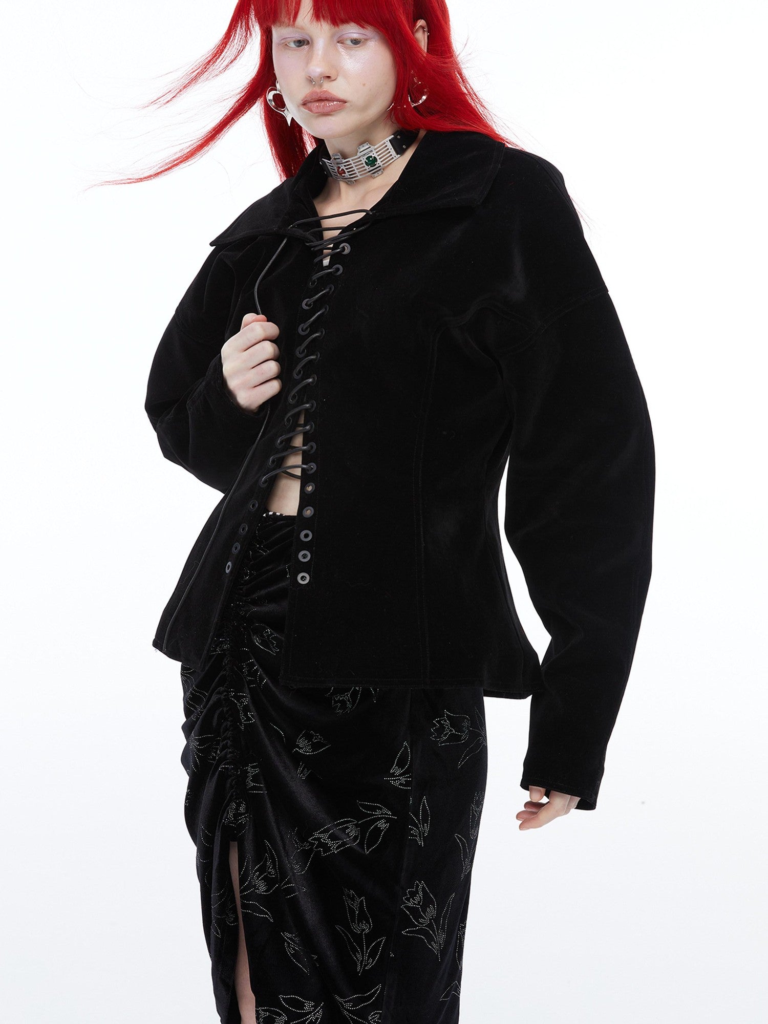 QUORRA S CHORD Black Velvet Drawstring Waist Cinch Women&