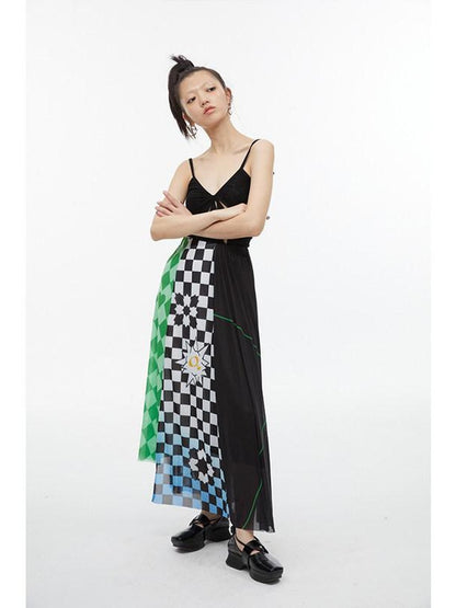 QUORRA S CHORD Black White Checkerboard Green Colorblock Asymmetrical Women&