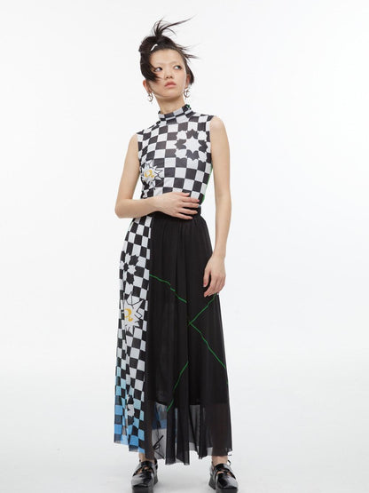 QUORRA S CHORD Black White Checkerboard Green Colorblock Asymmetrical Women&