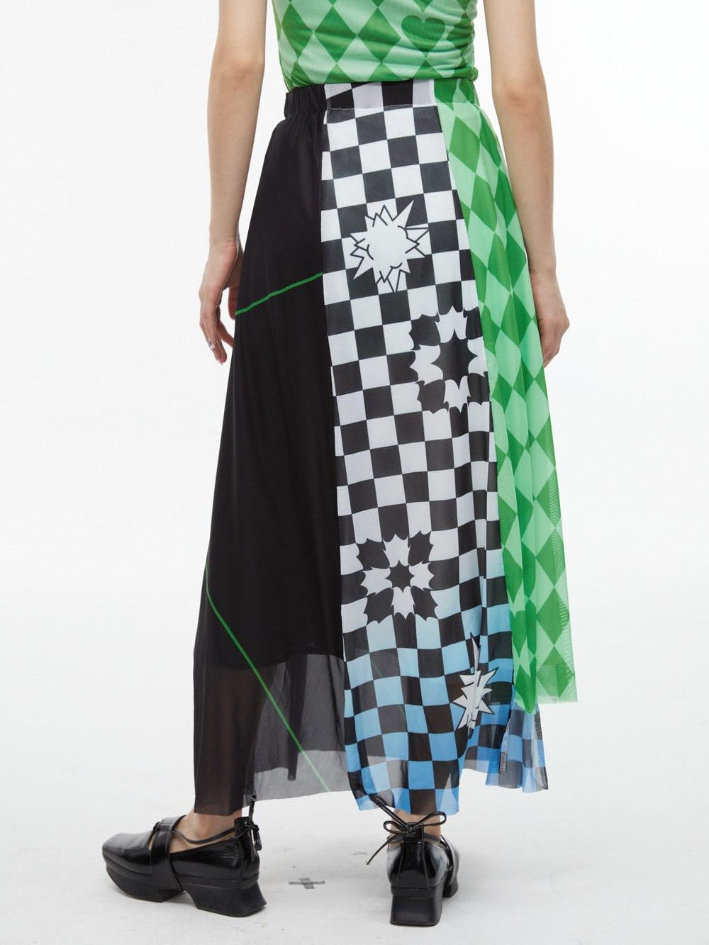 QUORRA S CHORD Black White Checkerboard Green Colorblock Asymmetrical Women&