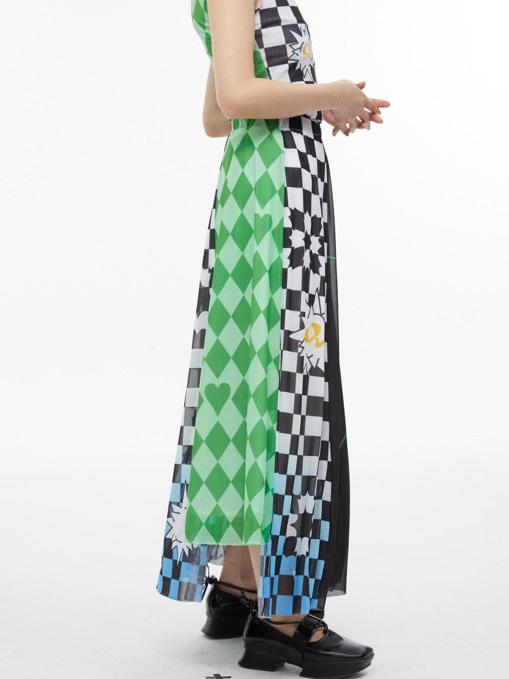 QUORRA S CHORD Black White Checkerboard Green Colorblock Asymmetrical Women&