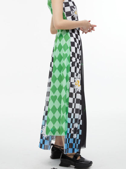 QUORRA S CHORD Black White Checkerboard Green Colorblock Asymmetrical Women&