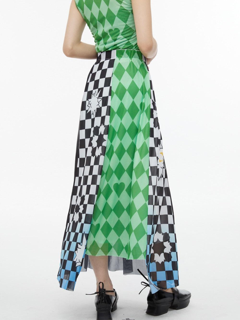 QUORRA S CHORD Black White Checkerboard Green Colorblock Asymmetrical Women&