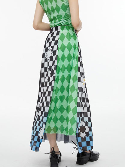 QUORRA S CHORD Black White Checkerboard Green Colorblock Asymmetrical Women&